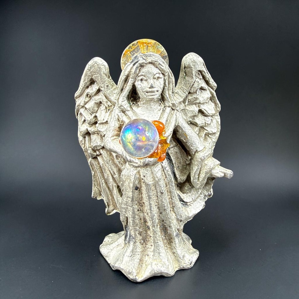Vintage Miniature Pewter Angel Figurine Iridescent Orb Gold Halo 1.5 inch VTG